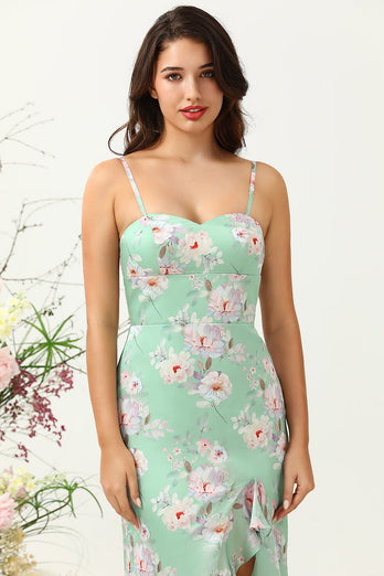 Sheath Spaghetti Straps Light Green Floral Printed Bridesmaid Dress with Split Front