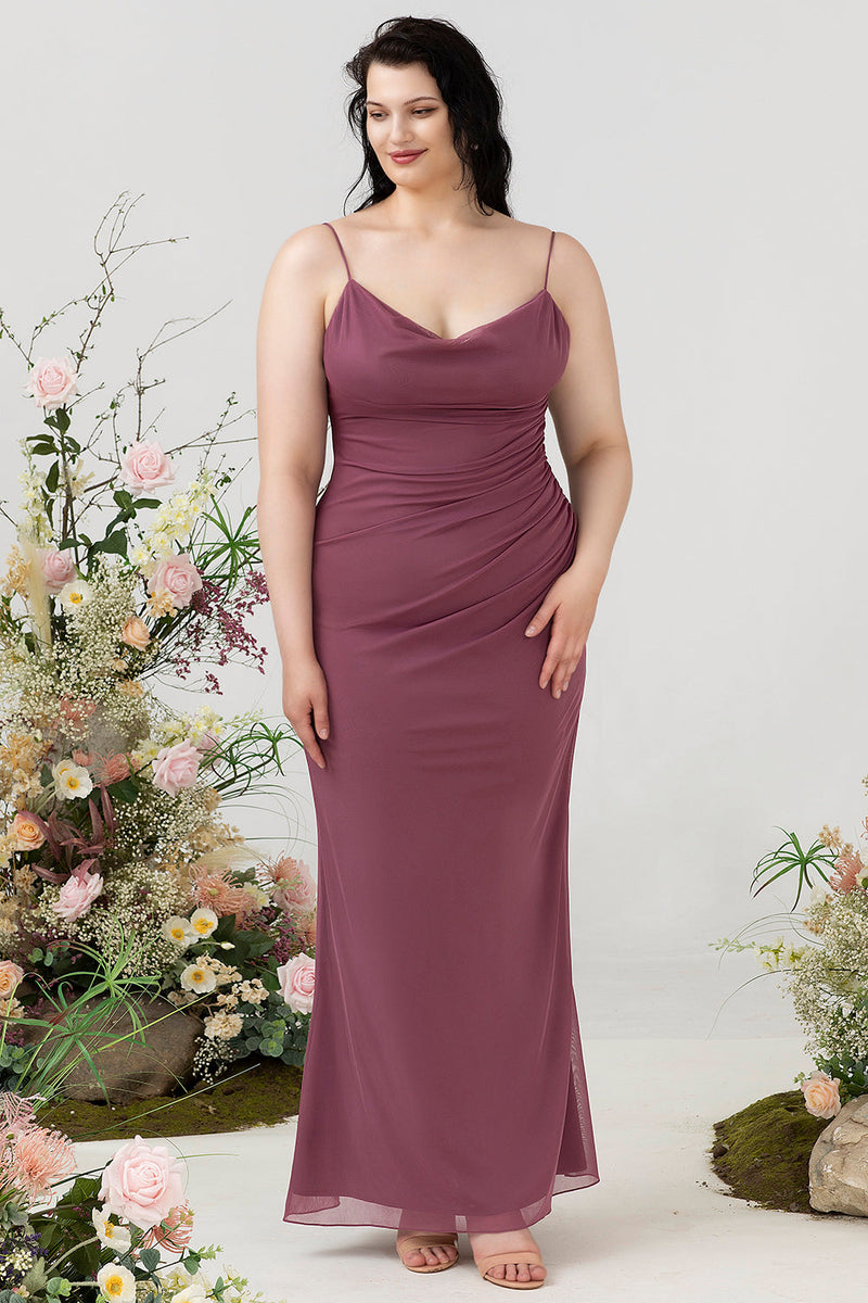 Load image into Gallery viewer, Sheath Spaghetti Straps Desert Rose Plus Size Bridesmaid Dress with Open Back