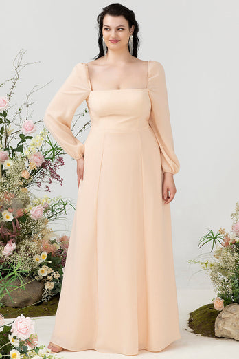 Square Neck Peach Plus Size Bridesmaid Dress with Sleeves