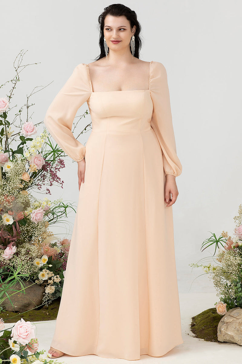 Load image into Gallery viewer, Square Neck Peach Plus Size Bridesmaid Dress with Sleeves
