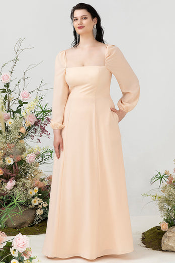 Square Neck Peach Plus Size Bridesmaid Dress with Sleeves