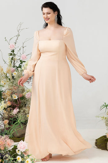 Square Neck Peach Plus Size Bridesmaid Dress with Sleeves