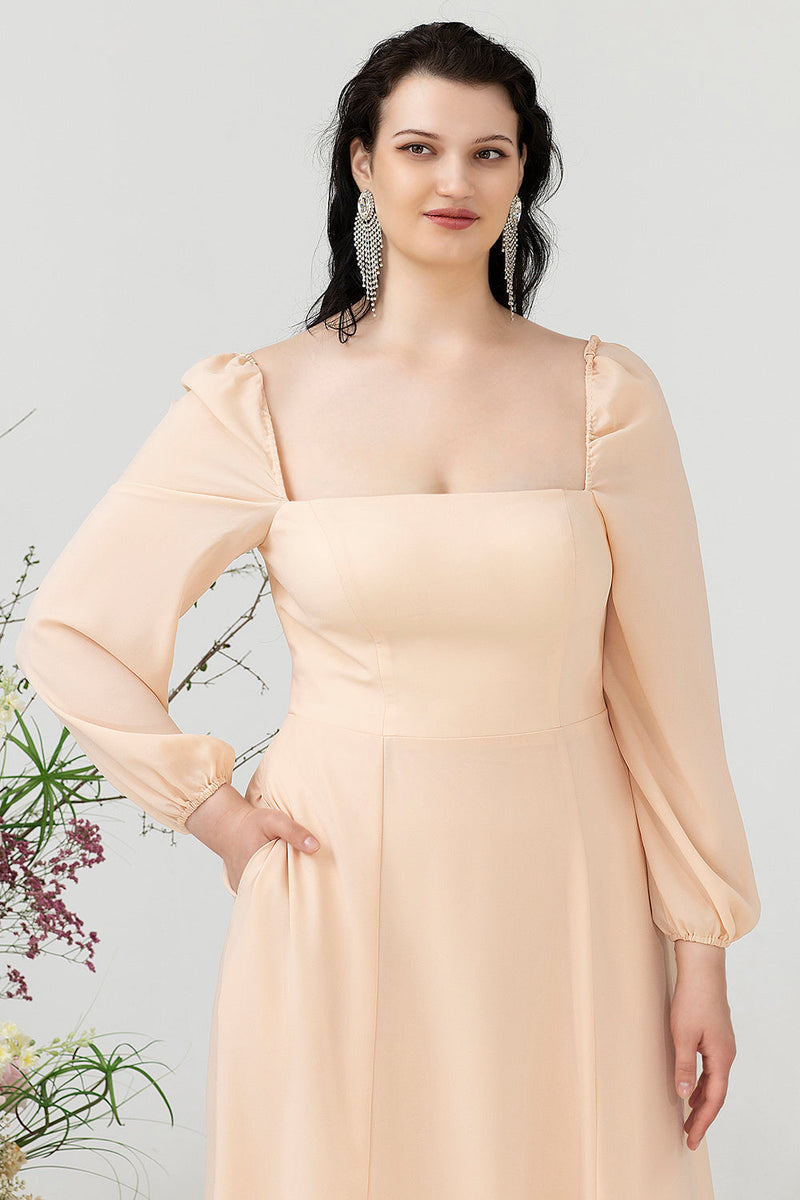 Load image into Gallery viewer, Square Neck Peach Plus Size Bridesmaid Dress with Sleeves