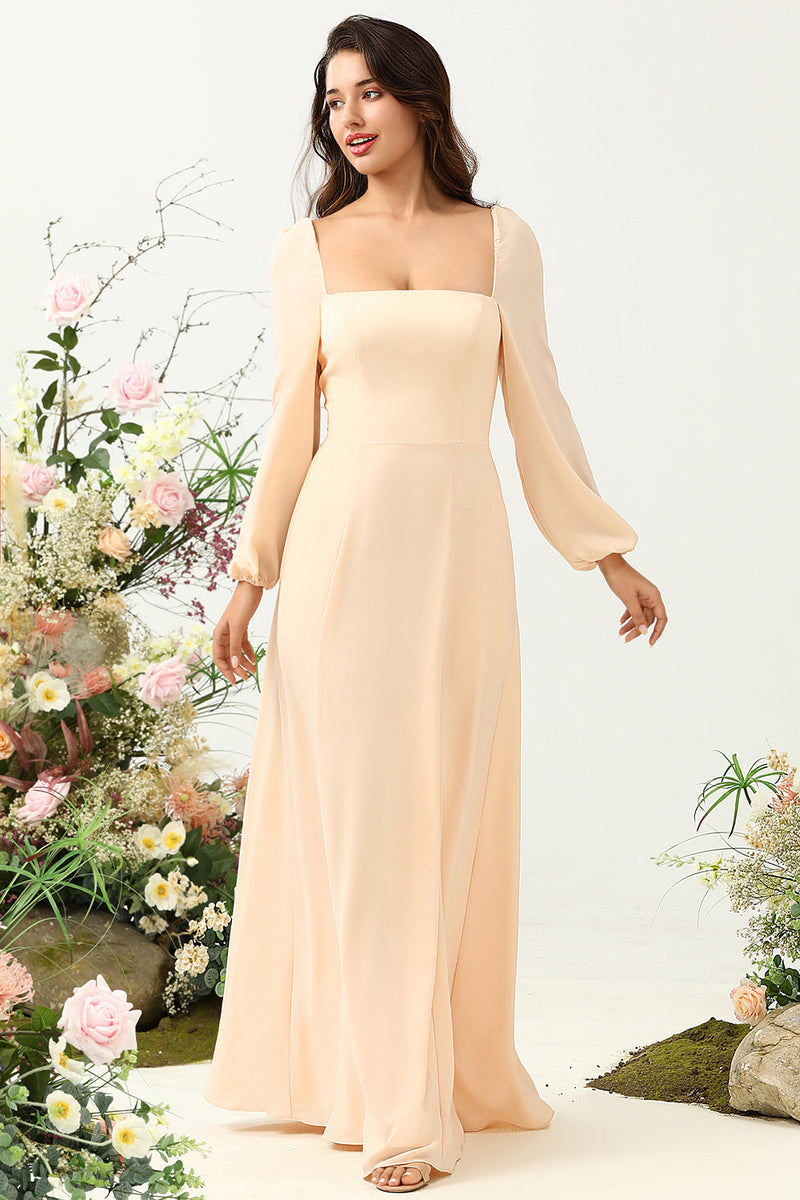 Load image into Gallery viewer, A Line Square Neck Peach Long Bridesmaid Dress with Sleeves