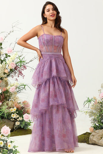 Purple Tulle Spaghetti Straps Corset Bridesmaid Dress