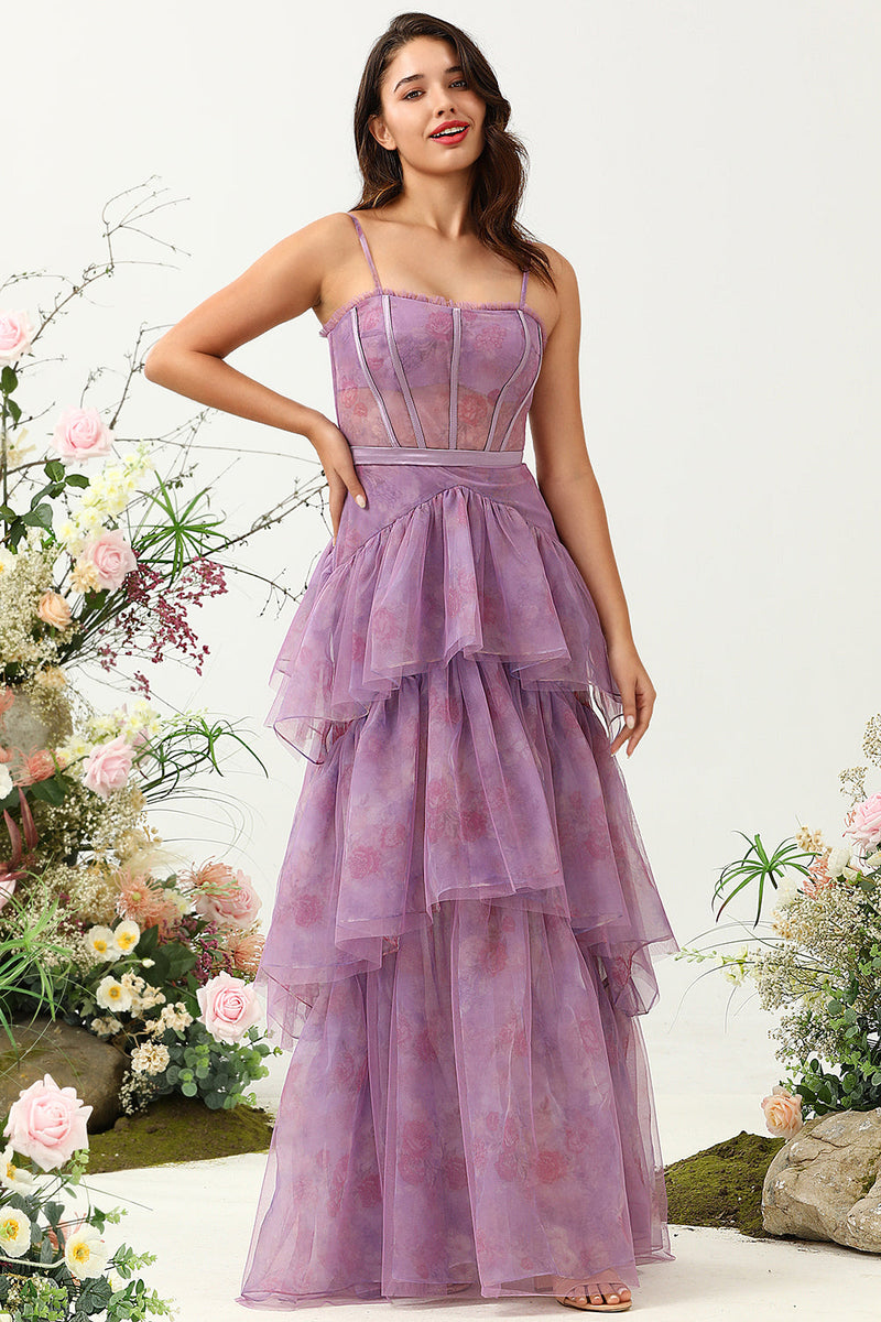 Load image into Gallery viewer, Purple Tulle Spaghetti Straps Corset Bridesmaid Dress