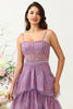 Load image into Gallery viewer, Purple Tulle Spaghetti Straps Corset Bridesmaid Dress