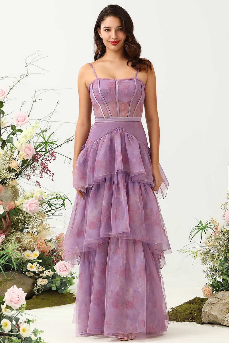 Load image into Gallery viewer, Purple Tulle Spaghetti Straps Corset Bridesmaid Dress