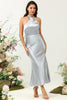 Load image into Gallery viewer, Sheath Halter Neck Silver Long Bridesmaid Dress