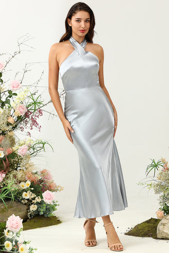 Sheath Halter Neck Silver Long Bridesmaid Dress