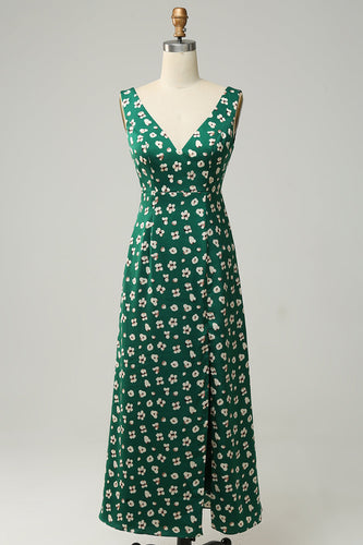 V-Neck Flower Printed Green Formal Dress with Slit