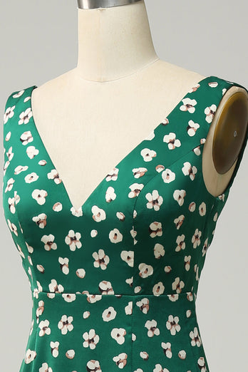 V-Neck Flower Printed Green Formal Dress with Slit