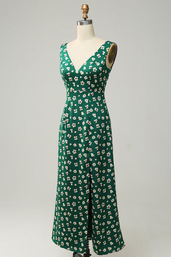 V-Neck Flower Printed Green Formal Dress with Slit