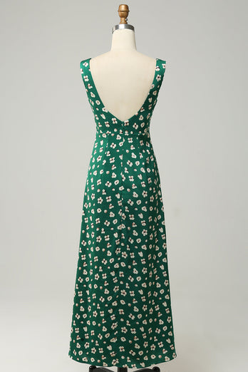 V-Neck Flower Printed Green Formal Dress with Slit