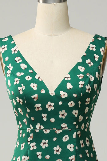 V-Neck Flower Printed Green Formal Dress with Slit