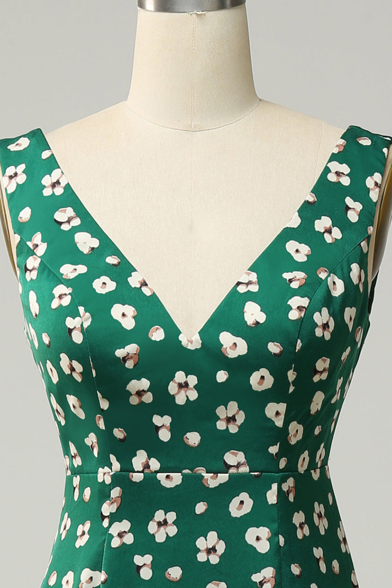 Load image into Gallery viewer, V-Neck Flower Printed Green Formal Dress with Slit