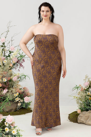 Brown Print Strapless Plus Size Bridesmaid Dress