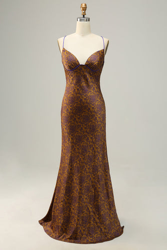 Flower Printed Brown Long Bridesmaid Dress