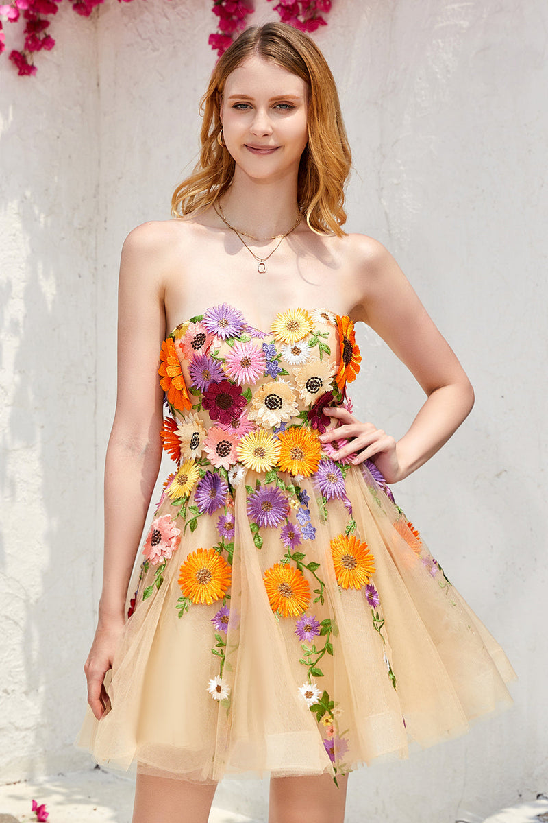 Load image into Gallery viewer, Champagne Strapless Short Formal Dress with 3D Flowers