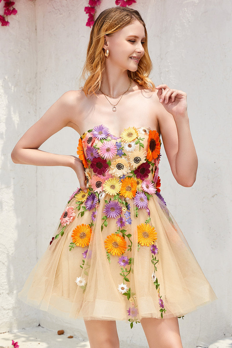 Load image into Gallery viewer, Champagne Strapless Short Formal Dress with 3D Flowers