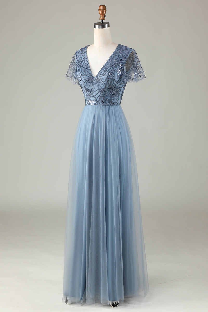 Load image into Gallery viewer, A-Line Dusty Blue Bridesmaid Dress with Beading