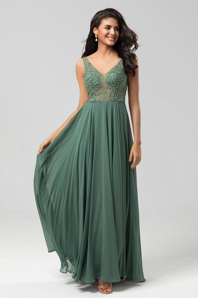 Load image into Gallery viewer, A-Line Eucalyptus Long Bridesmaid Dress with Beading