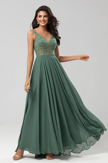 A-Line Eucalyptus Long Bridesmaid Dress with Beading