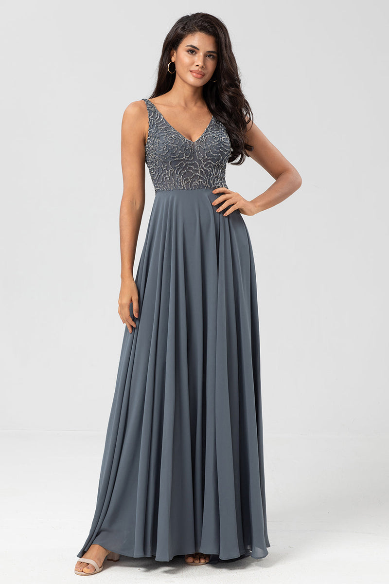 Load image into Gallery viewer, A-Line Eucalyptus Long Bridesmaid Dress with Beading