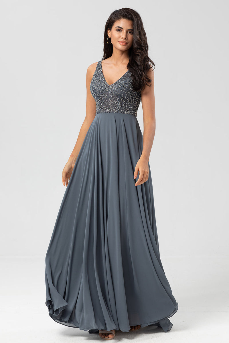 Load image into Gallery viewer, A-Line Eucalyptus Long Bridesmaid Dress with Beading