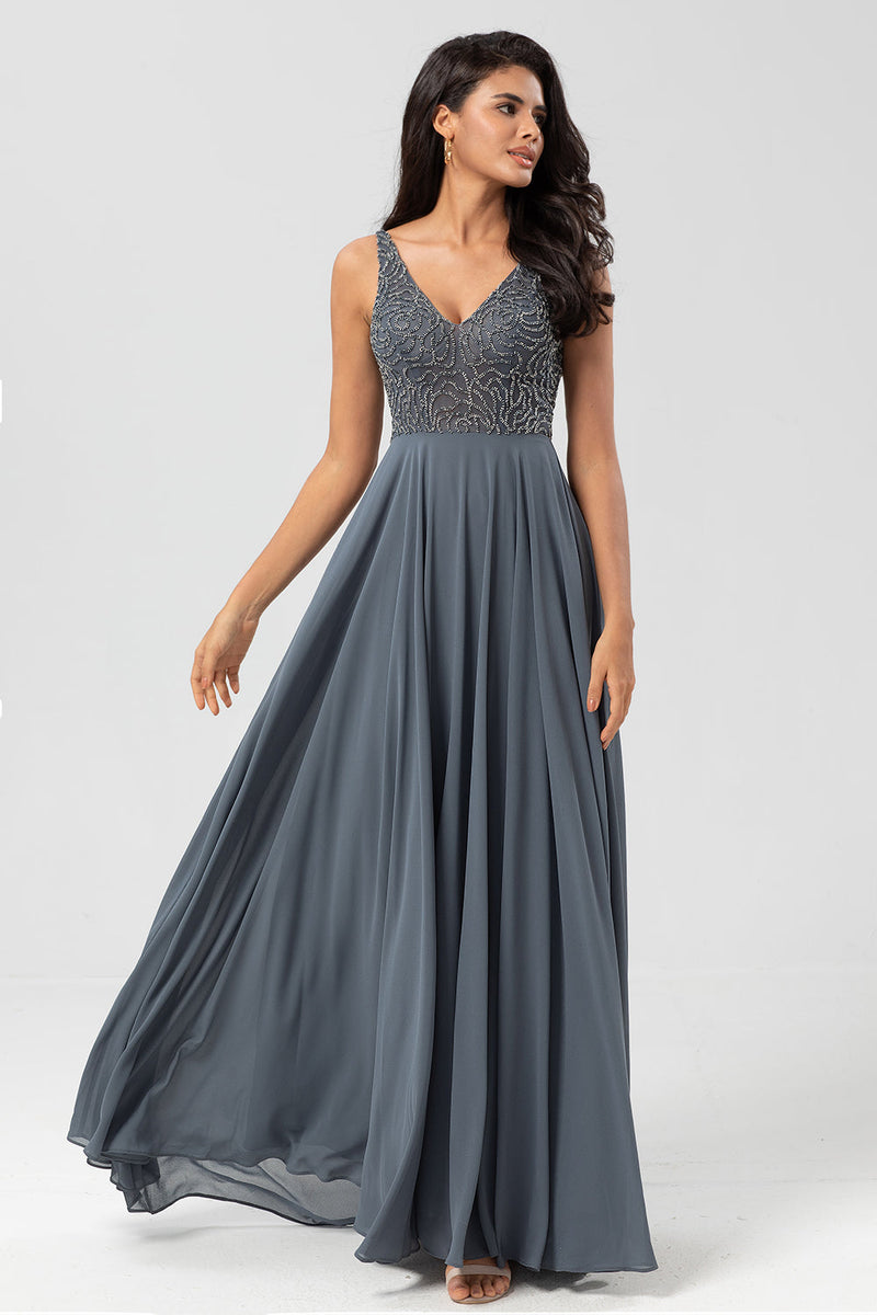 Load image into Gallery viewer, A-Line Eucalyptus Long Bridesmaid Dress with Beading