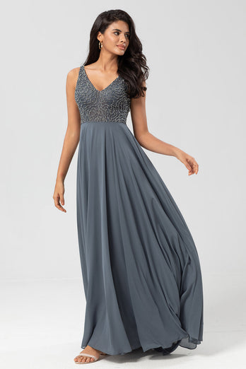 A-Line Eucalyptus Long Bridesmaid Dress with Beading