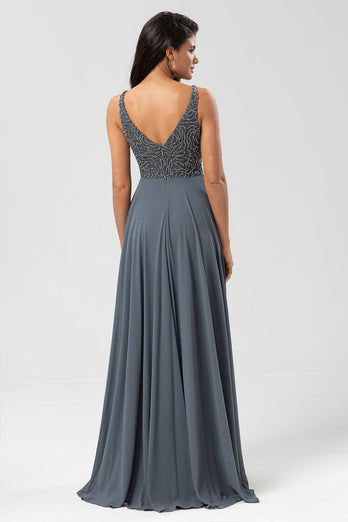 A-Line Eucalyptus Long Bridesmaid Dress with Beading