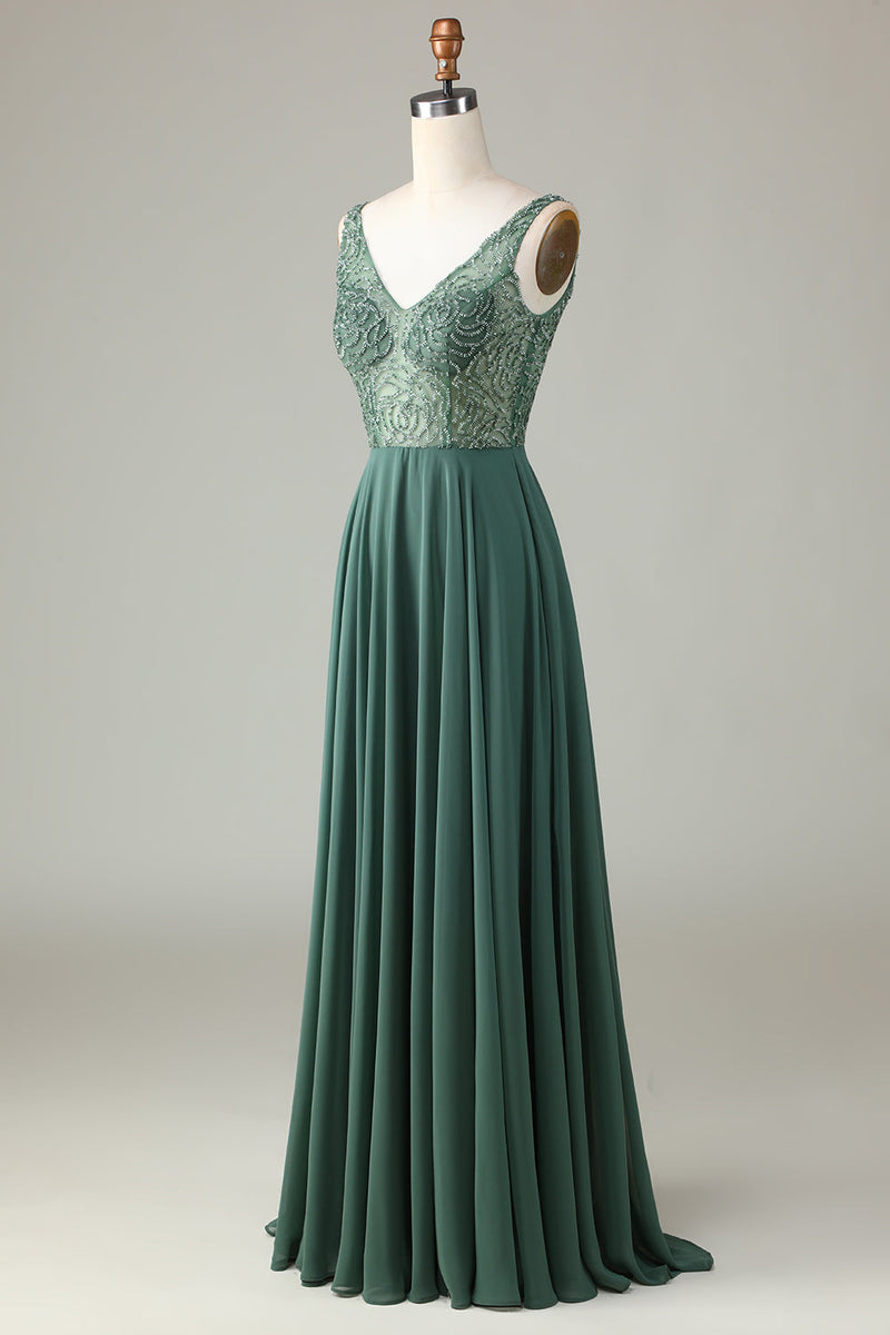 Load image into Gallery viewer, A-Line Beaded Eucalyptus Long Bridesmaid Dress