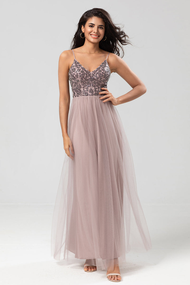 Load image into Gallery viewer, A-Line Spaghetti Straps Dusty Pink Long Bridesmaid Dress with Beading