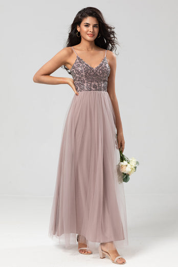 A-Line Spaghetti Straps Dusty Pink Long Bridesmaid Dress with Beading