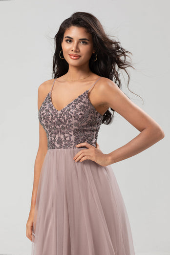 A-Line Spaghetti Straps Dusty Pink Long Bridesmaid Dress with Beading