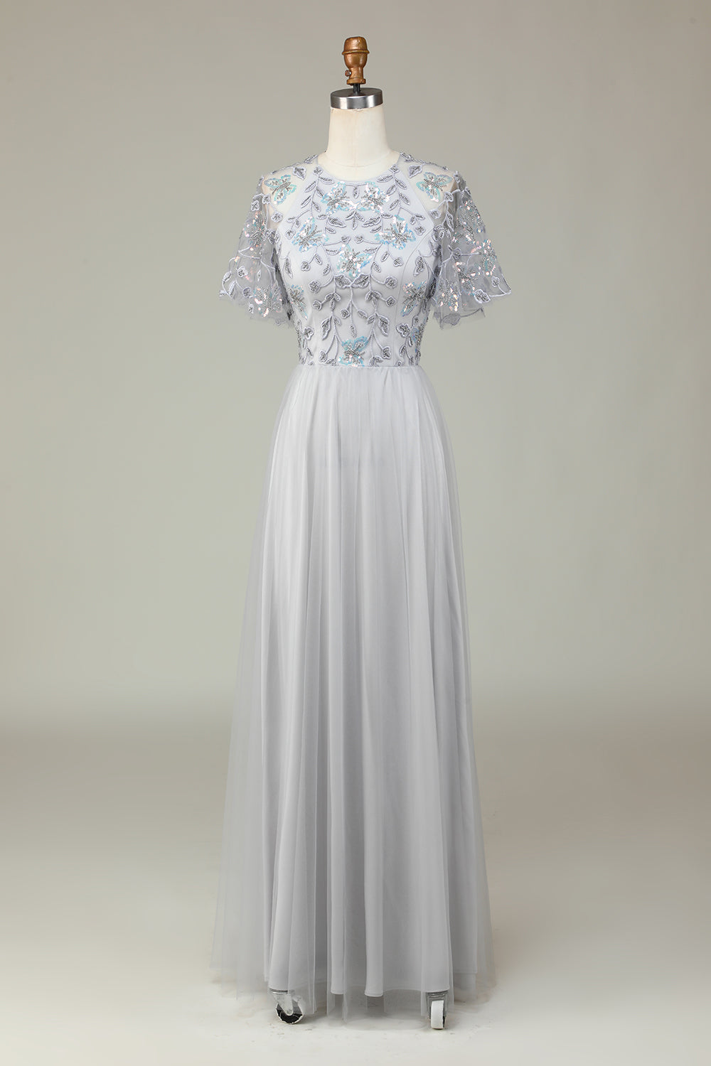 A-Line Tulle Beaded Long Grey Bridesmaid Dress with Appliques