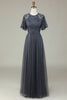 Load image into Gallery viewer, A-Line Tulle Beaded Long Grey Bridesmaid Dress with Appliques