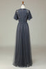 Load image into Gallery viewer, A-Line Tulle Beaded Long Grey Bridesmaid Dress with Appliques