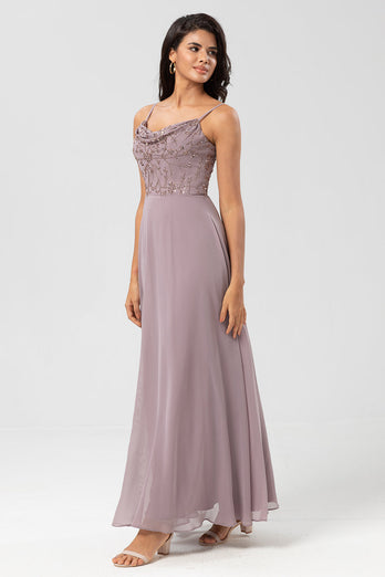 Long Dusty Sage Bridesmaid Dress with Beaded