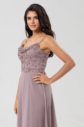 Long Dusty Sage Bridesmaid Dress with Beaded