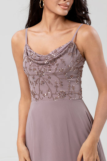 Long Dusty Sage Bridesmaid Dress with Beaded