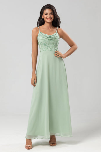 Long Dusty Sage Bridesmaid Dress with Beaded