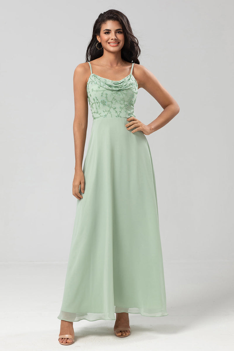 Load image into Gallery viewer, Long Dusty Sage Bridesmaid Dress with Beaded