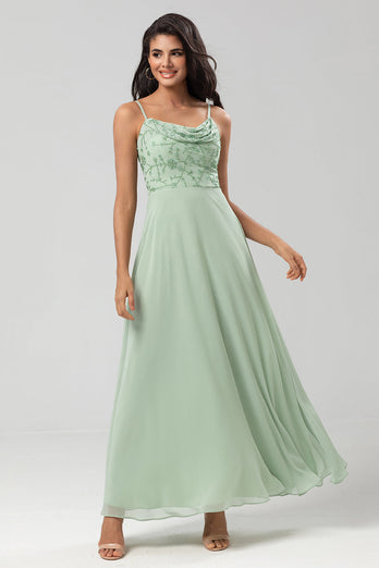 Long Dusty Sage Bridesmaid Dress with Beaded