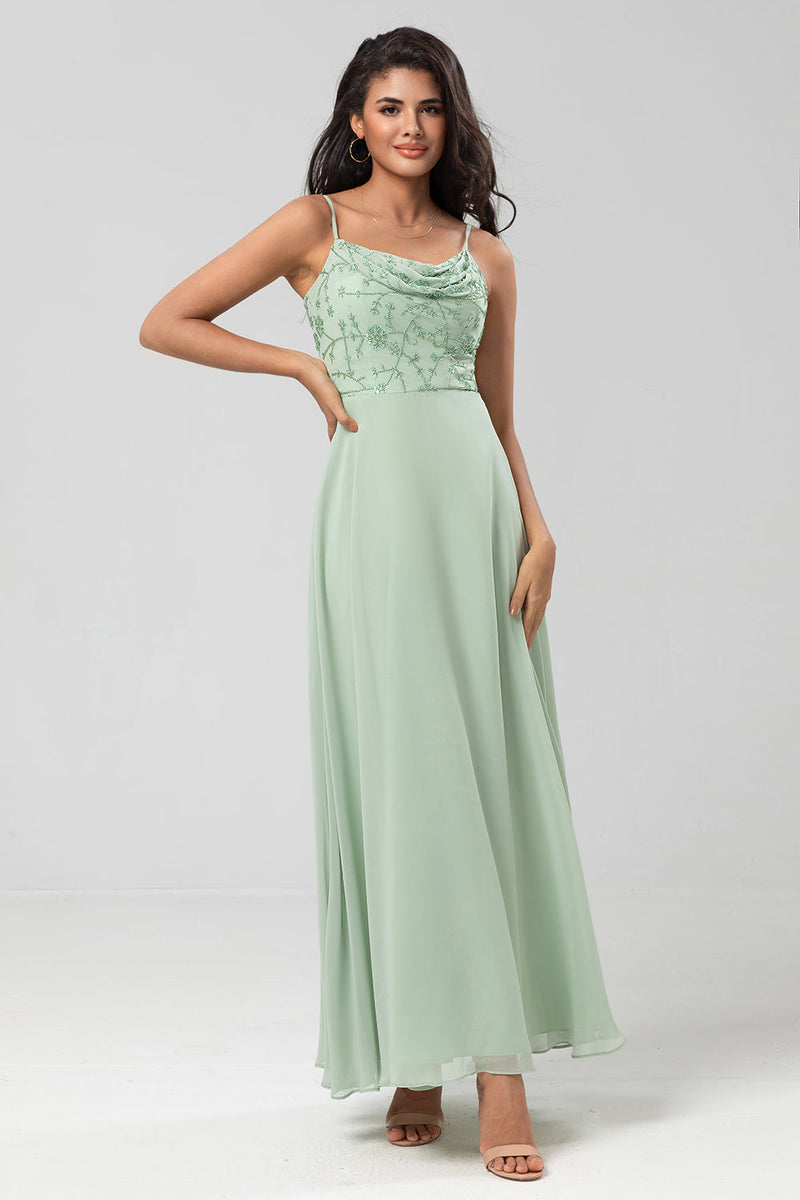 Load image into Gallery viewer, Long Dusty Sage Bridesmaid Dress with Beaded