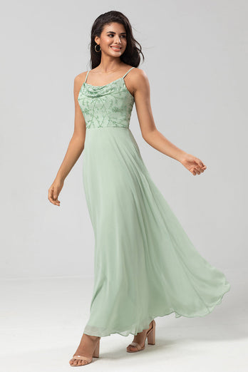 Long Dusty Sage Bridesmaid Dress with Beaded