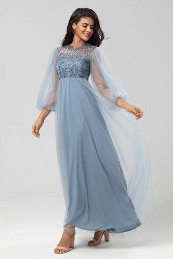 Sequins Dusty Blue Bridesmaid Dress with Long Sleeves