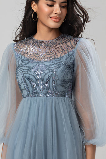 Sequins Dusty Blue Bridesmaid Dress with Long Sleeves