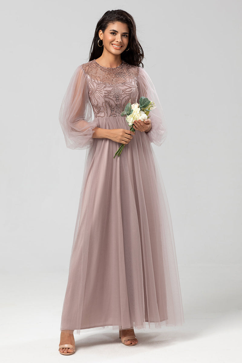 Load image into Gallery viewer, Sequins Dusty Blue Bridesmaid Dress with Long Sleeves